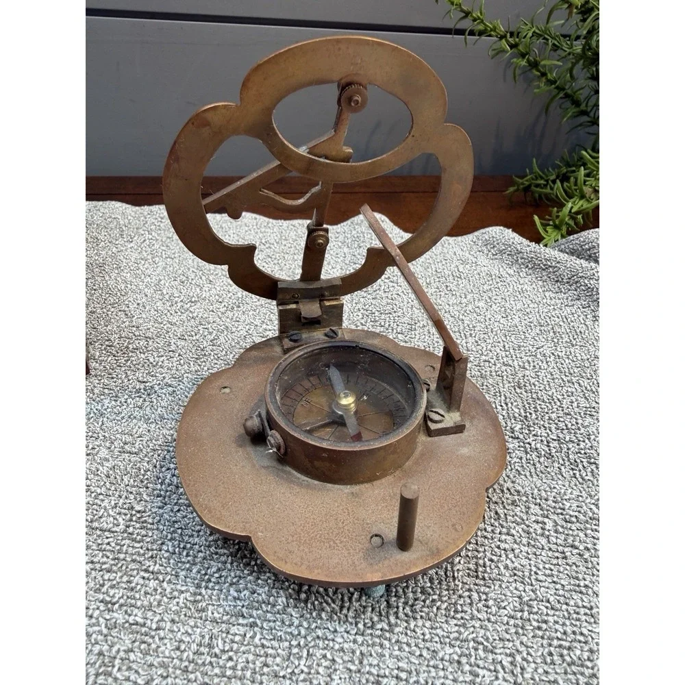 Large Antique Nautical Brass Copper Sundial Compass W/ Rosewood Inlay Box
